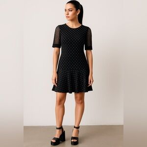 REBECCA TAYLOR Black Dot Mesh Flounce Hem Dress Size 0